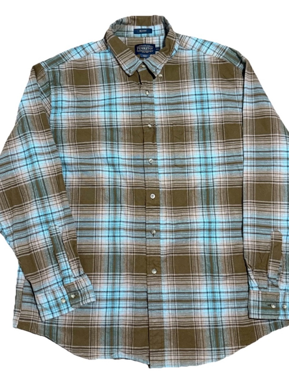 Pendleton Mens 2XL Mason Plaid Button Down Flannel Shirt Long Sleeve Brown Blue